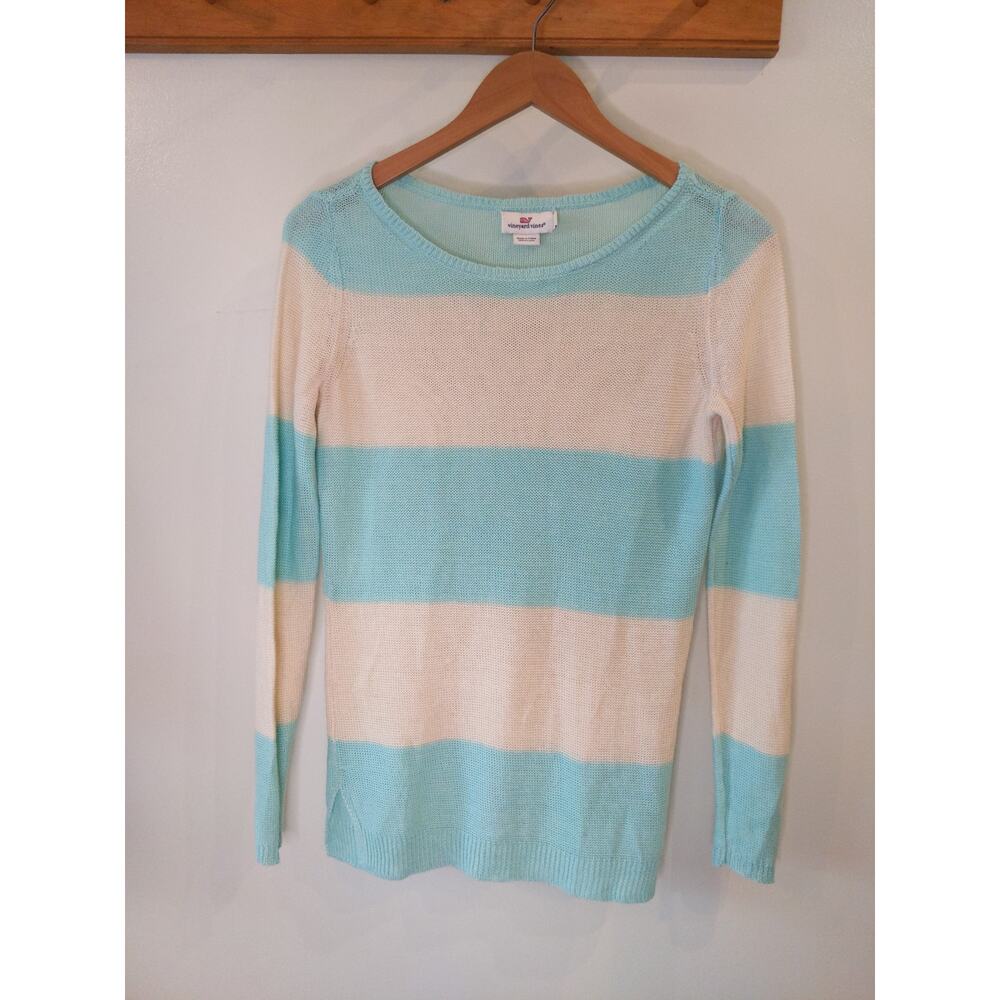 Vineyard Vines 100% Linen Rugby Stripe Sweater Mint Blue Cream Boatneck XS